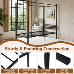 Single Canopy Bed Frame Under-Bed Storage Metal Slat Black - thumbnail 5