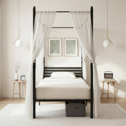 Single Canopy Bed Frame Under-Bed Storage Metal Slat Black - thumbnail 4