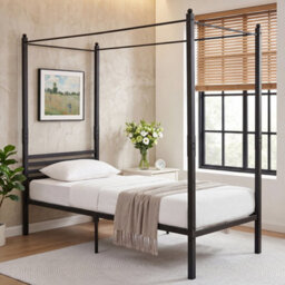 Single Canopy Bed Frame Under-Bed Storage Metal Slat Black - thumbnail 1