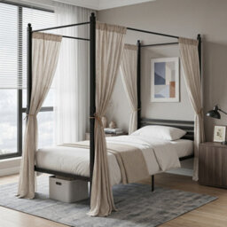 Single Canopy Bed Frame Under-Bed Storage Metal Slat Black - thumbnail 3