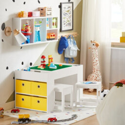 Sobuy Kmb75-W,children Play Table And 2 Stools Activity Set For Building Blocks ,wood,white,w87Xd50Xh50 - thumbnail 2