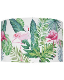Wyld And Coco Flamingo Print Drum Pendant Lamp With White Fabric Shade, W50 X D50 X Drop 143Cm - thumbnail 1