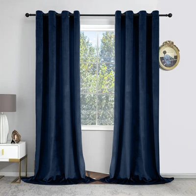 Oxford Homeware Eyelet Velvet Curtains Navy Fully Lined Blackout Thermal Insulated Eyelet Curtains Pair (W)168Cm X (L)228Cm - image 1