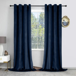 Oxford Homeware Eyelet Velvet Curtains Navy Fully Lined Blackout Thermal Insulated Eyelet Curtains Pair (W)168Cm X (L)228Cm - thumbnail 1