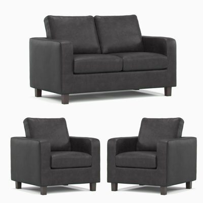 Furnishings For Less UK York Black Faux Leather 3 Piece Sofa Suite 2 Seater And 2 Armchairs - image 1