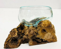 My Square Mile Molten Glass Display Bowl On Wood Root Stand Glass Rustic Ornament Sculpture Key Sweet Display Dish (Small) - thumbnail 1