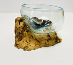 My Square Mile Molten Glass Display Bowl On Wood Root Stand Glass Rustic Ornament Sculpture Key Sweet Display Dish (Small) - thumbnail 2