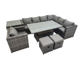 Fimous 9 Seater Rattan Height Adjustable Rising Lifting Table Sets With Chair Side Table 2 Small Stools Dark Grey Mixed - thumbnail 1