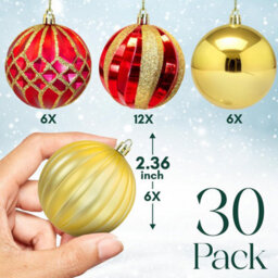Pelle & Sol Christmas Bauble Set 30-Piece, Large 6 Cm Red-Gold Shatterproof Assorted Ornaments For Tree, Wreaths & Garlands - thumbnail 3