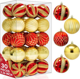 Pelle & Sol Christmas Bauble Set 30-Piece, Large 6 Cm Red-Gold Shatterproof Assorted Ornaments For Tree, Wreaths & Garlands