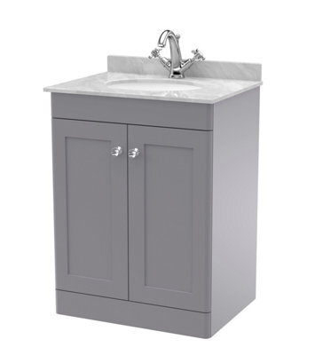 Balterley Swynnerton Traditional 2 Door Floor Standing Vanity Unit With Marble Basin, Satin Grey, 600mm - image 1