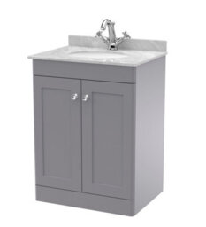Balterley Swynnerton Traditional 2 Door Floor Standing Vanity Unit With Marble Basin, Satin Grey, 600mm - thumbnail 1