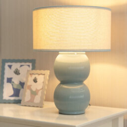 Valuelights Gemma Linen With Green Trim Shade Stacked Ribbed Green Glazed Table Lamp & Bulb