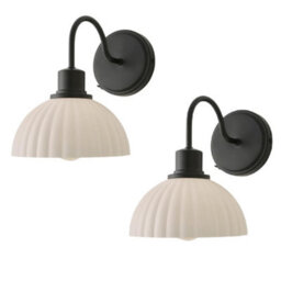 Valuelights Bourton Pair Of Matte Black Wall Lights With Ribbed Dome Shade And Bulbs - thumbnail 1