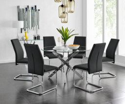 Furniturebox Uk Novara Chrome Metal And Glass Large Round Dining Table And 6 Black Lorenzo Chairs Set - thumbnail 1