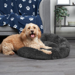 OHS Dog Bed Fluffy Plush Fleece Pet Calming Anti Anxiety Round, Charcoal - Large - thumbnail 2