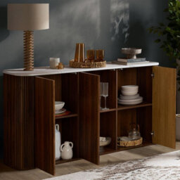 Birlea Kagu 3 Door Sideboard Fluted Ribbed Walnut & Marble Effect - thumbnail 2