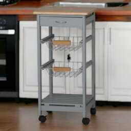 Urbn-Living Urbnliving Height 75Cm 3 Tier Grey Portable Oasis Bamboo Top Mdf Kitchen Trolley Drawer Shelf Cart On Wheels - thumbnail 2