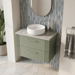 Balterley Belvide Partial Fluted 2 Drawer Wall Hung Vanity Unit With Bellato Grey Laminate Worktop - 800mm - Satin Green - thumbnail 3