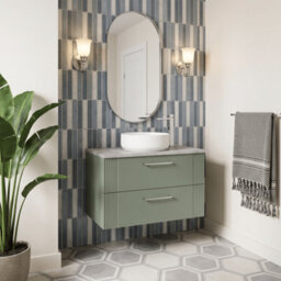 Balterley Belvide Partial Fluted 2 Drawer Wall Hung Vanity Unit With Bellato Grey Laminate Worktop - 800mm - Satin Green - thumbnail 4