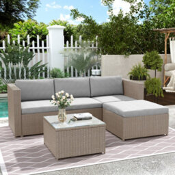Fenchilin Garden Corner Sofa Set Rattan Patio Furniture L-Shaped Sofa With Table Lounge Set Khaki - thumbnail 7
