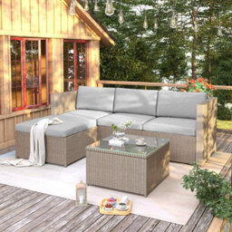 Fenchilin Garden Corner Sofa Set Rattan Patio Furniture L-Shaped Sofa With Table Lounge Set Khaki - thumbnail 2