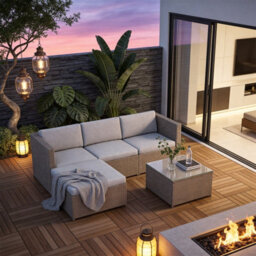 Fenchilin Garden Corner Sofa Set Rattan Patio Furniture L-Shaped Sofa With Table Lounge Set Khaki - thumbnail 1