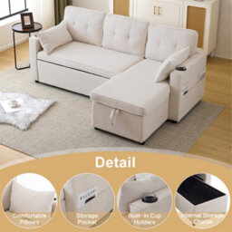 Abrihome L Shaped Sofa Bed With Storage Chaise - 3-In-1 Convertible Sectional Sleeper Sofa, Includes Cup Holders, Beige - thumbnail 3