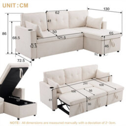 Abrihome L Shaped Sofa Bed With Storage Chaise - 3-In-1 Convertible Sectional Sleeper Sofa, Includes Cup Holders, Beige - thumbnail 6