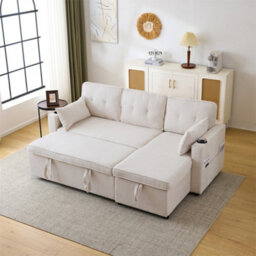 Abrihome L Shaped Sofa Bed With Storage Chaise - 3-In-1 Convertible Sectional Sleeper Sofa, Includes Cup Holders, Beige - thumbnail 1