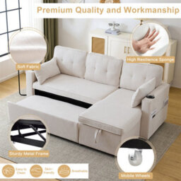 Abrihome L Shaped Sofa Bed With Storage Chaise - 3-In-1 Convertible Sectional Sleeper Sofa, Includes Cup Holders, Beige - thumbnail 4