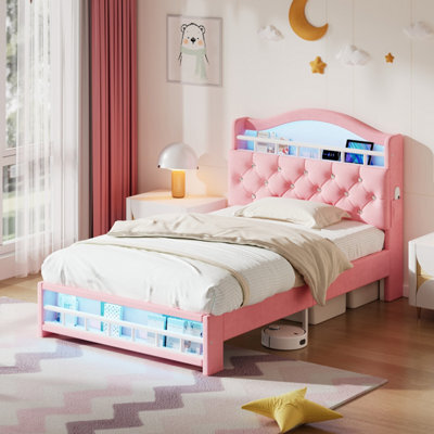 Abrihome 3Ft Single Upholstered Velvet Bed Frame, Led Bed Frame With Charging Station, Concealed Headboard Storage, Pink (No Mattress) - image 1