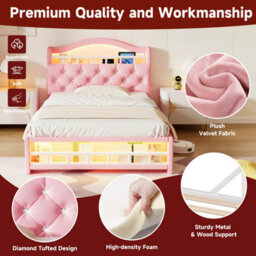 Abrihome 3Ft Single Upholstered Velvet Bed Frame, Led Bed Frame With Charging Station, Concealed Headboard Storage, Pink (No Mattress) - thumbnail 5