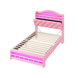 Abrihome 3Ft Single Upholstered Velvet Bed Frame, Led Bed Frame With Charging Station, Concealed Headboard Storage, Pink (No Mattress) - thumbnail 9