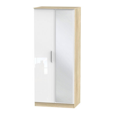 Trent 2 Door Mirrored Robe In White & Bardolino Oak (Ready Assembled)
