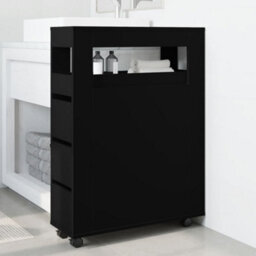 Walplus Narrow Bathroom Cabinet With Wheels Black Engineered Wood - thumbnail 3