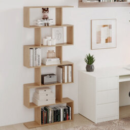 Gainoom 6-Tier Natural Bookcase Free Standing S-Shaped Style Bookshelf Multifunctional Decorative Shelving W/ Anti-Tipping Device - thumbnail 3