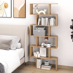 Gainoom 6-Tier Natural Bookcase Free Standing S-Shaped Style Bookshelf Multifunctional Decorative Shelving W/ Anti-Tipping Device - thumbnail 4
