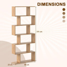 Gainoom 6-Tier Natural Bookcase Free Standing S-Shaped Style Bookshelf Multifunctional Decorative Shelving W/ Anti-Tipping Device - thumbnail 2
