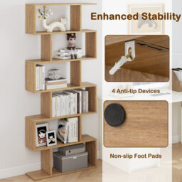 Gainoom 6-Tier Natural Bookcase Free Standing S-Shaped Style Bookshelf Multifunctional Decorative Shelving W/ Anti-Tipping Device - thumbnail 7