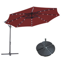 Sundaze 3M Wine Red Hanging Banana Cantilever Parasol Umbrella With Led Lights, Base Weights - thumbnail 1