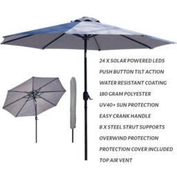 Glamhaus Garden Parasol Solar Led 2.7M ,tilting Table Umbrella With Crank Handle, Protection Uv40, Includes Parasol Cover- Grey - thumbnail 2