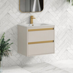 Royal Bathrooms Orion 600mm Warm Taupe 2 Drawer Wall Hung Vanity Unit With Carrara White Basin & Brushed Brass Accent Trim - thumbnail 6