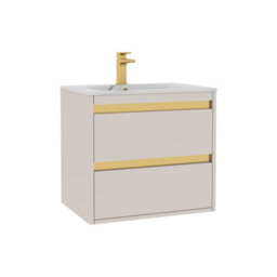 Royal Bathrooms Orion 600mm Warm Taupe 2 Drawer Wall Hung Vanity Unit With Carrara White Basin & Brushed Brass Accent Trim - thumbnail 7