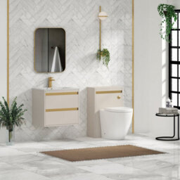 Royal Bathrooms Orion 600mm Warm Taupe 2 Drawer Wall Hung Vanity Unit With Carrara White Basin & Brushed Brass Accent Trim - thumbnail 3
