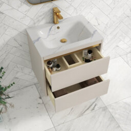 Royal Bathrooms Orion 600mm Warm Taupe 2 Drawer Wall Hung Vanity Unit With Carrara White Basin & Brushed Brass Accent Trim - thumbnail 4