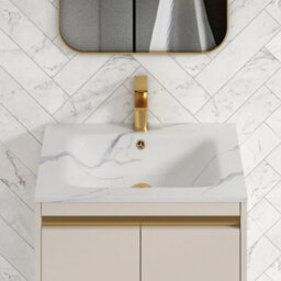 Royal Bathrooms Orion 600mm Warm Taupe 2 Drawer Wall Hung Vanity Unit With Carrara White Basin & Brushed Brass Accent Trim - thumbnail 5
