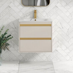 Royal Bathrooms Orion 600mm Warm Taupe 2 Drawer Wall Hung Vanity Unit With Carrara White Basin & Brushed Brass Accent Trim