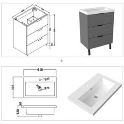 Sline 600mm Wall Mounted  Anthracite Bathroom Vanity Unit With Artificial Stone Basin,3 Soft Close Drawers For Storage,flat Packed - thumbnail 2