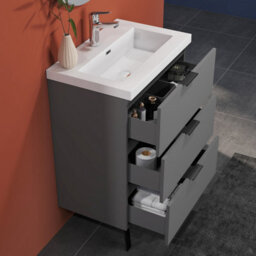 Sline 600mm Wall Mounted  Anthracite Bathroom Vanity Unit With Artificial Stone Basin,3 Soft Close Drawers For Storage,flat Packed - thumbnail 6